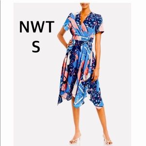 NWT (S) patchwork handkerchief hem multi color blue coral polka chain long midi